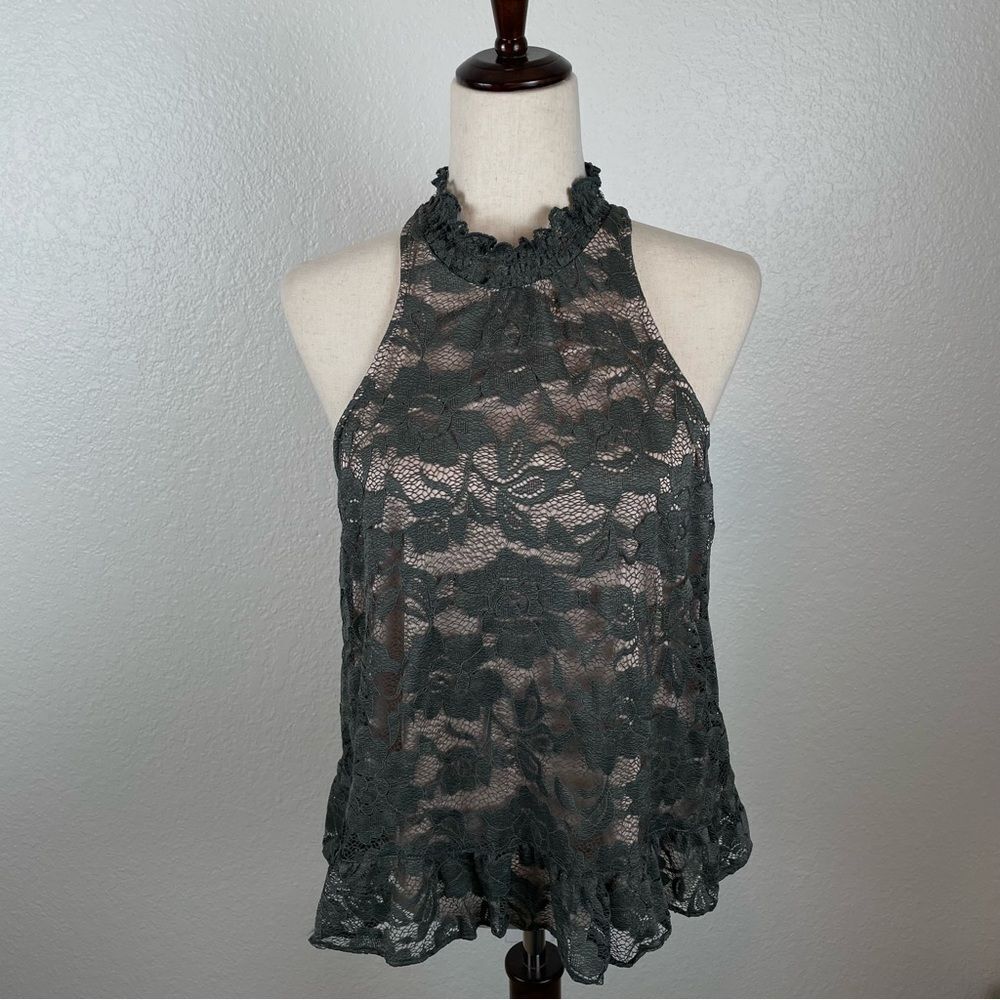 EXPRESS Boho Olive Green Rose‎ Lace High-neck Racerback Peplum Bottom Blouse M